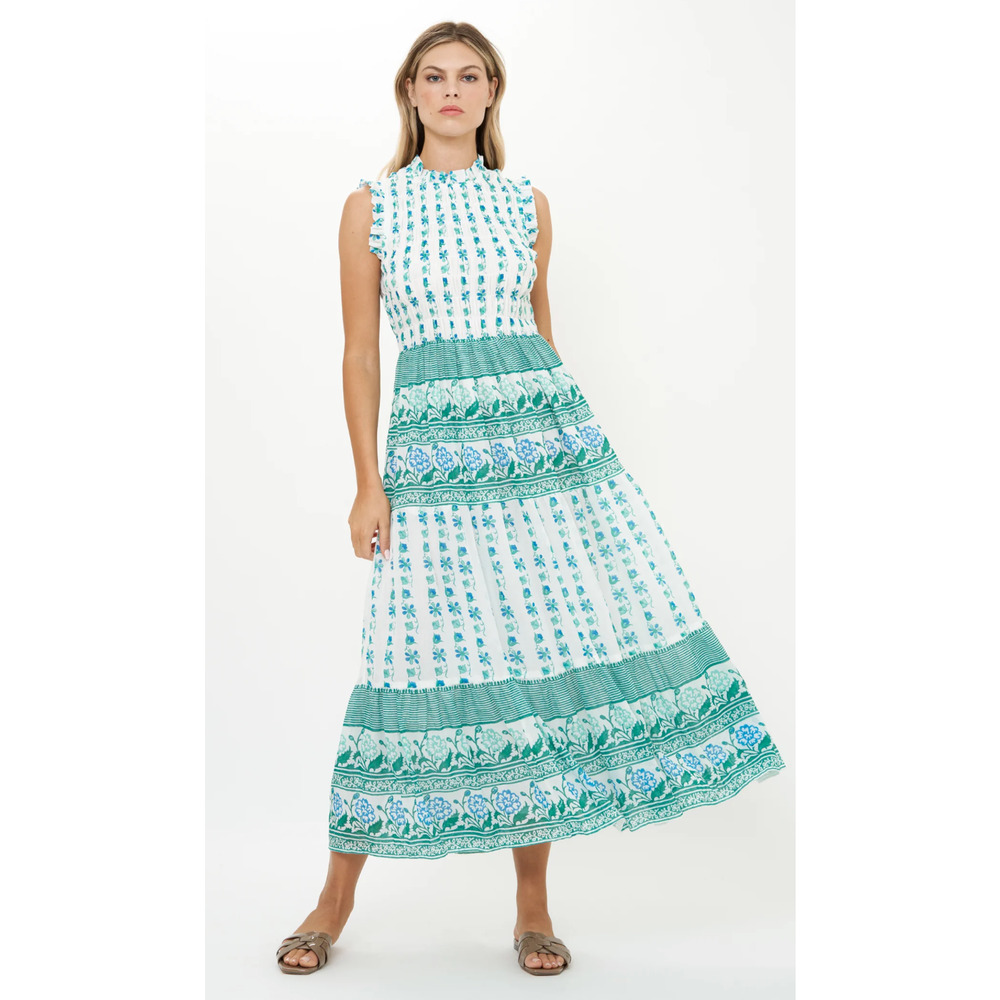 OLIPHANT Tuckernuck Boreggo Green Sleeveless Smocked Cotton Maxi Dress XL